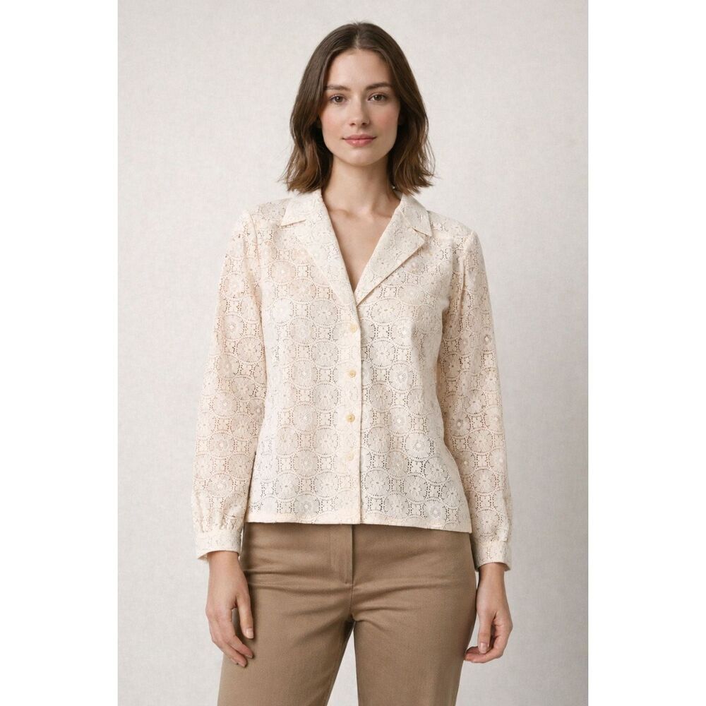 Vintage Cream Lace Blazer Floral Button Front Womens S M USA